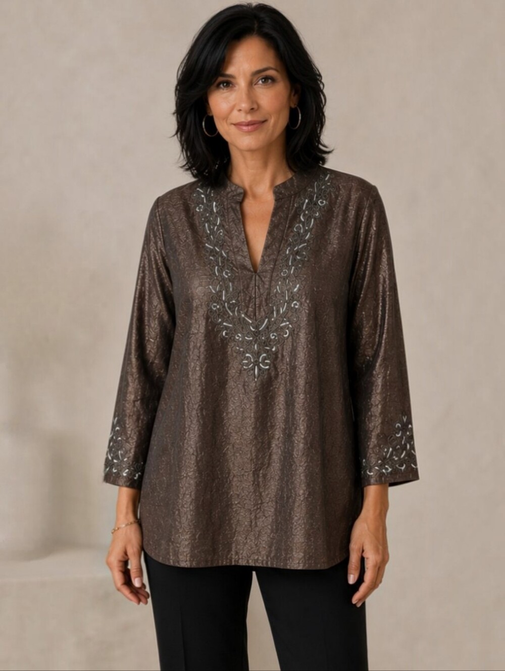 Chico's Ruda Style Metallic Ore Fudge Silk Tunic Top NWT Size S/4 (Chico's 0)